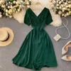 Neploe V Neck Short Sleeve Temperament Dress Women High Waist Hip A Line Solid Vestidos Summer Solid Robe Slim Holiday 210510