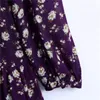 紫色の花のミニドレス女性秋冬フリル長袖女性弾性ウエストエレガントなヴィンテージES 210519