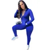 Jesienne kobiety z kapturem zamek kieszeń z długim rękawem Sporty Legginsy Dopasowanie Zestaw Trening Bodycon Casual Stretty Outfit 210525