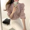 Spring Mesh Lace Blouse Kvinnor Koreanska Chic Puff Sleeve Sexig Micro-Through Shirt Fashion Stand Collar Floral Ladies Toppar 13457 210508