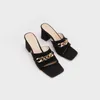 Meotina kvinnor tofflor skor äkta läder sandaler kedja högklacken glidbanor kvadrat tå tjock häl damer skor sommar vit 210608