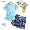 Sommer Frauen Bequeme Nette Pyjama Set Mädchen Print Pyjama Kurzarm Nachtwäsche Anzug Nachthemd S 210809