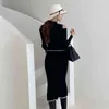 One-Piece Patchwork Office Lady Slim Dress Korean Full Sleeve Stickad Midi Dress Kvinnor Vår Höst Elegant Tröja Sticka Klänning Y1204