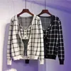 Retro style sexy short suspenders + plaid knitted jacket two-piece women spring and autumn fashion suit 211109