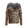 Printemps mode léopard dentelle couture col rond femmes Blouse à manches longues Streetwear pull chemises Blusas 8409 50 210508