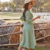 Причина V шеи рюмки длинное платье женщин одежда кнопка a-line весна осень элегантный зеленый boho vestidos 210427