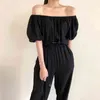 White Matching Sets Summer Retro Loose Slash Neck Lantern Sleeve Blouse Women Short Wild High Waist Straight-leg Casual Pant 210429