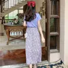 빈티지 보라색 꽃 무늬 프린트 Pleated 긴 스커트 여름 여성 한국 스커트 한국 스타일 streetwear 탄성 허리 MIDI Saia 210619