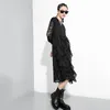 [EAM] Women Black Lace Split Big Size Midi Dress Round Neck Long Sleeve Loose Fit Fashion Spring Autumn 1Z834 21512