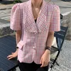 Korejpaa Kobiety Kurtka Lato Korea Chic Lap French Temperament Lapel Check Double Pocket Pearl Button Puff Sleeve Blazer 210526