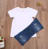 Barn baby tjejer kläder uppsättningar vit kortärmad t-shirt klänning och knapp denim tube toppar kläder barn sommar