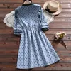 Niebieski Różowy Polka Dot Drukowane Kawaii Słodka Sukienka Jesień Kobieta Vintage Vestidos Kobiety Stojak Kołnierz Ruffles Długie Rękaw Suknie 210520