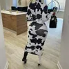 Повседневные платья коровы печати женщины тощий макси с длинным рукавом на молнии весна 2022 мода клубная одежда Bodycon платье женская одежда