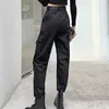Hoge taille vrachtbroek vrouwen zwarte losse joggers harembroek vrouwen punk harajuku broek Capris broek met riem streetwear Q0801