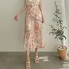 Skirts 2022 Summer Women Korean Style Vintage Floral Print Ruffle Pleated Long Streetwear Drawstring Elastic Waist Midi Skirt