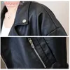 AELEGANTIMIS Classic Black Femmes Veste en cuir PU lâche Automne Hiver Plus Taille Taille Outwear Dames Soft Faux Biker 210607