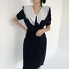 Korejpaa Women Dress Summer Korean Chic Female Elegant Temperament Double-Layer Doll Collar Receiving Thin Slit Hip Vestido 210526