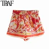 TRAF Mujeres Chic Moda Totem Imprimir Side Vents Shorts Vintage Cintura alta elástica Cordón Mujer Pantalones cortos Mujer 210722