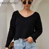 Aonobeier Black Sexy V Neck Short Knit Sweater Women Tops Ladies Pullovers Winter Long Sleeve Casual Loose Christmas Jumper 210604