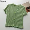 Neploe Summer Korean V Neck T Shirt Women Wooden Ear Short Sleeve Tee Solid Knitted Cardigan Shirt Single Breasted Slim Crop Top 210422