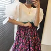 Mulheres Conjuntos Verão Coreano Chique Senhoras Doce Lace Bowknot Sof Slow Slove Sweater Plissado Cintura Alta Flor Flor A-Line Skirt 210514