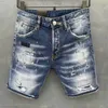 Herrenjeans, gerade, kurze Jeans, Löcher, enge Jeans, lässig, Nachtclub, blau, Baumwolle, Sommer, italienischer Stil