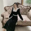 Vintage Women Lace Ruffles Patchwork Velvet Dress Spring Elegant Lady Black Long Sleeve Party Dresses Vestidos 210519