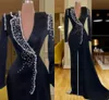 Gorgeous Pearls Beaded Evening Dresses black sexy high slit V Neck Long Sleeves arabic abaya Prom Dress robe soirée