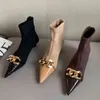 Mulheres 2022 Tornozelo Peúso Curto Botas Baixas Salto Alto Feminino Feminino Moda Moda Outono Inverno Estiramento Tecido Metal Sapatos