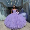 Leylak Quinceanera Elbiseler 2021 ile 3D Çiçek Aplike Katmanlı Custom Made Boncuklu Spagetti Sapanlar Tatlı 16 Pageant Balo Prenses Resmi Giyim Vestidos