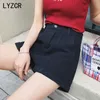 Lyzcrワイドレッグデニムショートパンツ女性のための夏のハイウエストジーンズカジュアルルースのJeanホワイトKahki 210724