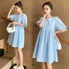 Lace Hollow Out Broderi Sommar Mini Klänning Kvinna Hög Midja Lösa Kvinnor Puff Sleeve Blue Vestidos 210520