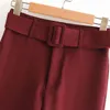 Vrouwen Solid Fashion Potlood Broek met Riem Geplooide Zakken Casual Broek Split Wijn Rood Lange Lengte Bodems Vrouwelijke Ropa Mujer 210515