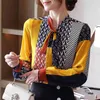 Mode Spliced ​​Women Blouse Autumn Long-Sleeve Bow Silk Printed Shirt Panelad Blusar 10739 210512