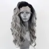 Long Wavy Lace Front Wig Ombre Grey Two Tones High Temperature Fiber Hair Synthetic Wigs for Women Cosplay
