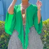 夏の女性の緑のカーディガン長袖Vネックセクシーなルーズファッションプラスサイズのブラウストップス210521