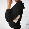 Tasarım Zarif Fırfır Ofis Bayan Bluz Gömlek Kadınlar Sonbahar Uzun Kollu Dantel Oymak Üst Seksi O-Boyun Nakış Blusa Kazak XS