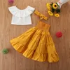 Venda por atacado verão crianças roupas terno meninas branco top + hight cintura vestido + headband moda 3 pcs conjunto 1-6year e21024 210610