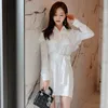 Sexy Turn-Down Neck White Tunic Dress Autumn Women Elegant Long Sleeve Irregular Shirt Female Ruffle Party es 210529