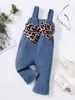 Baby Leopard Print Bow Front Fake Button Denim Overaller Hon