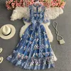 vestido de flor azul longo