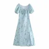 Sommar kvinnor klänning blommig tryckta elastiska byst puff ärmar elegant avslappnad vintage chic lady kvinna maxi sundress 210709