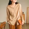 Johnature Kadınlar Pamuk Katı Renk Gömlek Vintage Uzun Kollu Bahar Bluzlar V Yaka Tüm Maç Bayan 6 Renkler Tops 210521