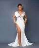 Arabic Aso Ebi White Satin Mermaid Wedding Dresses With Detachable Train Lace Beaded Ruffles Bridal Gowns With Long Sleeves Sexy Thigh Split Vestidos De Novia AL9365