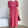 Korejpaa Kobiety Sukienka Korea Chic Lato Delikatna Róża Kolor Lalki Kołnierz Szycie Luźne Ruffled Bubble Rękaw Długie Vestido 210526