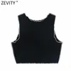 Zevity Women O Neck Bez Rękawów Chic Camis Cysterna Ladies Reverse Lane Design Kamizelka Slim T-shirt Casual Crop Tops LS9176 210603