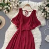 Blue/Red/Khaki Chiffon Dress Women Vintage Round Neck Hollow Out Ruffle Slim A-Line Casual Vestidos Female Party Robe Summer New Y0603