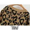 TRAF Women Fashion Leopard Pattern Loose Knitted Cardigan Sweater Vintage Lantern Sleeve Female Outerwear Chic Tops 210922