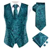 Kamizelki męskie hi-tie turkusowy zielony kwiatowy Paisley Silk Men Slim Caistcoat Set For Suit Dress Wedding 4pcs Vest Hanky ​​Cuffl197o