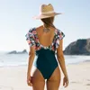 Sexy Deep-V Maillot de bain Femme Femmes Vintage Rétro Maillot de bain Épaule Volants Maillots de bain Dos nu Monokini 210630